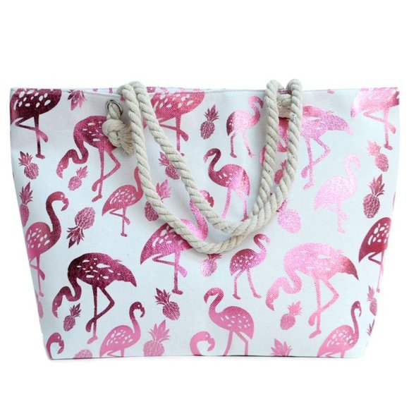 *CLEAR OUT!* BEACH TIME!!!   Large Metallic Pink Flamingos Canvas Tote - Picture 2 of 2